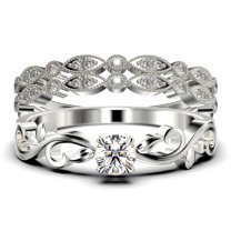 Art Nouvea Vintage Twisted Salt And Pepper 1.50 Carat Round Cut Diamond Moissanite Engagement Ring, Antique Design Wedding Ring in10k Solid White Gold, Trio Set, Matching Band