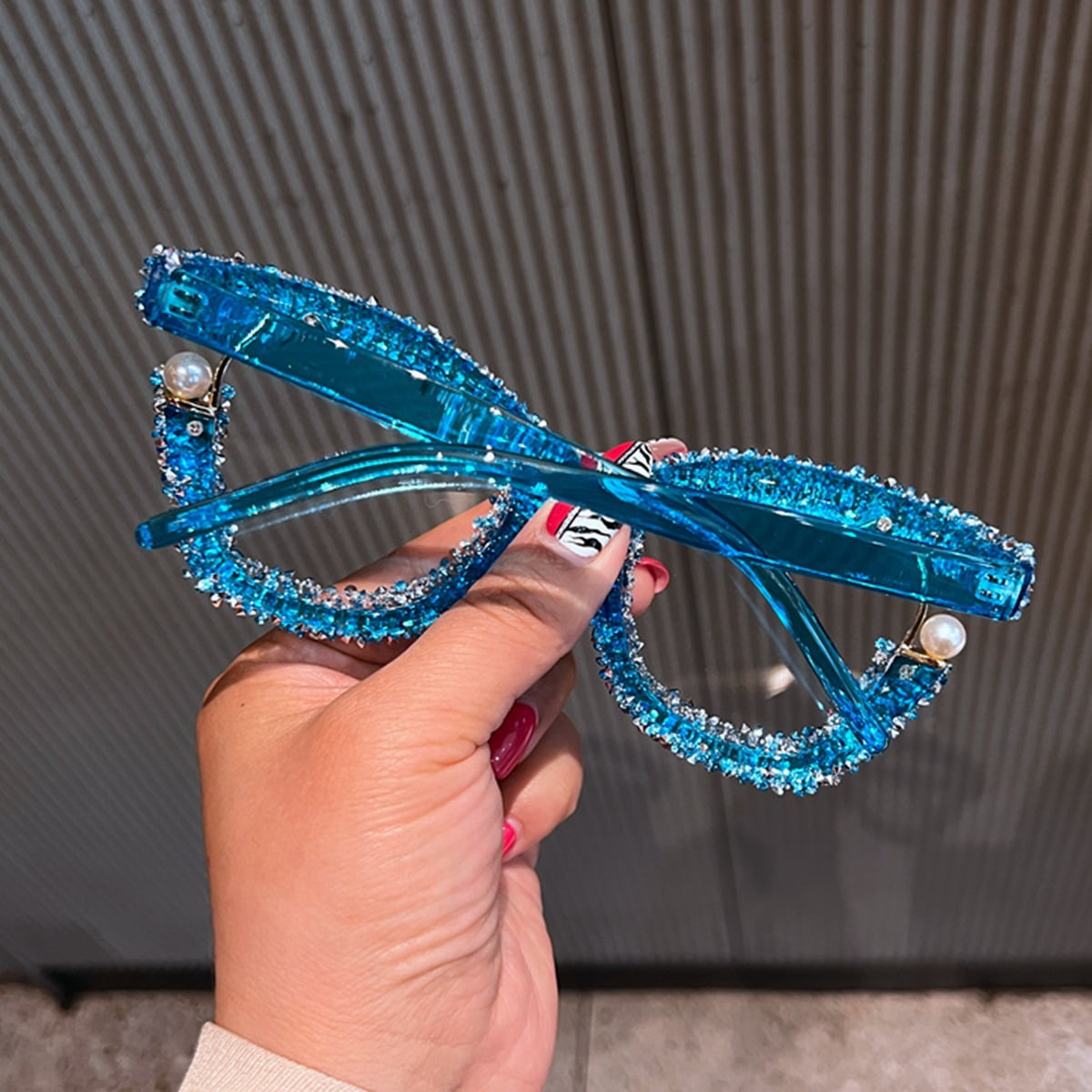 Women Oversized Rhinestone Blue Glasses Frame Ladies Stylish 