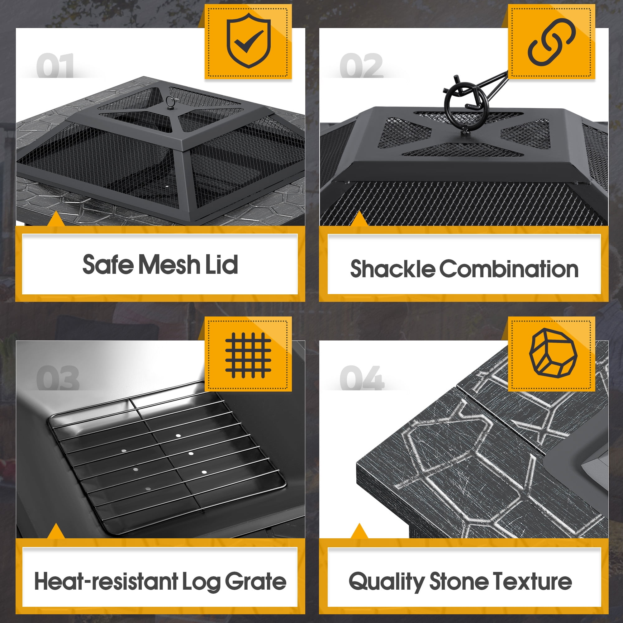 Lacoo 32" Patio Square Fire Pit Table for Patio Backyard BBQ, Ice Storage with Mesh Lid, Poker and Cover, Sliver