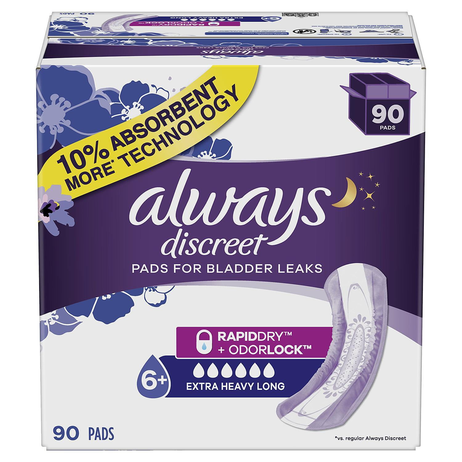 Always Discreet Incontinence Pads, Extra Heavy Absorbency, Long Length (90 Count)