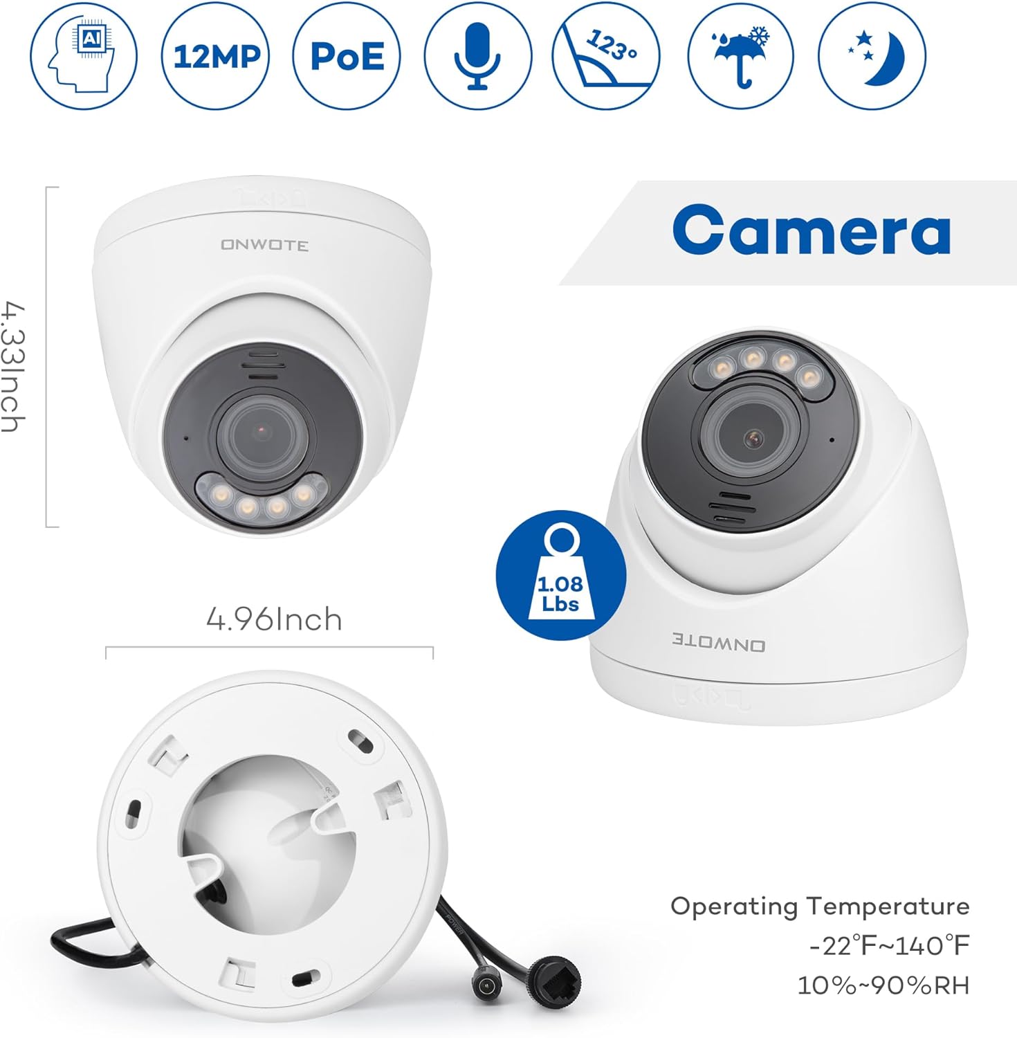 ONWOTE 12MP PoE IP Security Camera Outdoor, 2 Way Talk, Smart Color Night Vision, 4000x3000 12 Megapixels 30fps, 123° FoV, AI Detection, Commercial Wired Camera for Business, Add-on to PoE NVR System