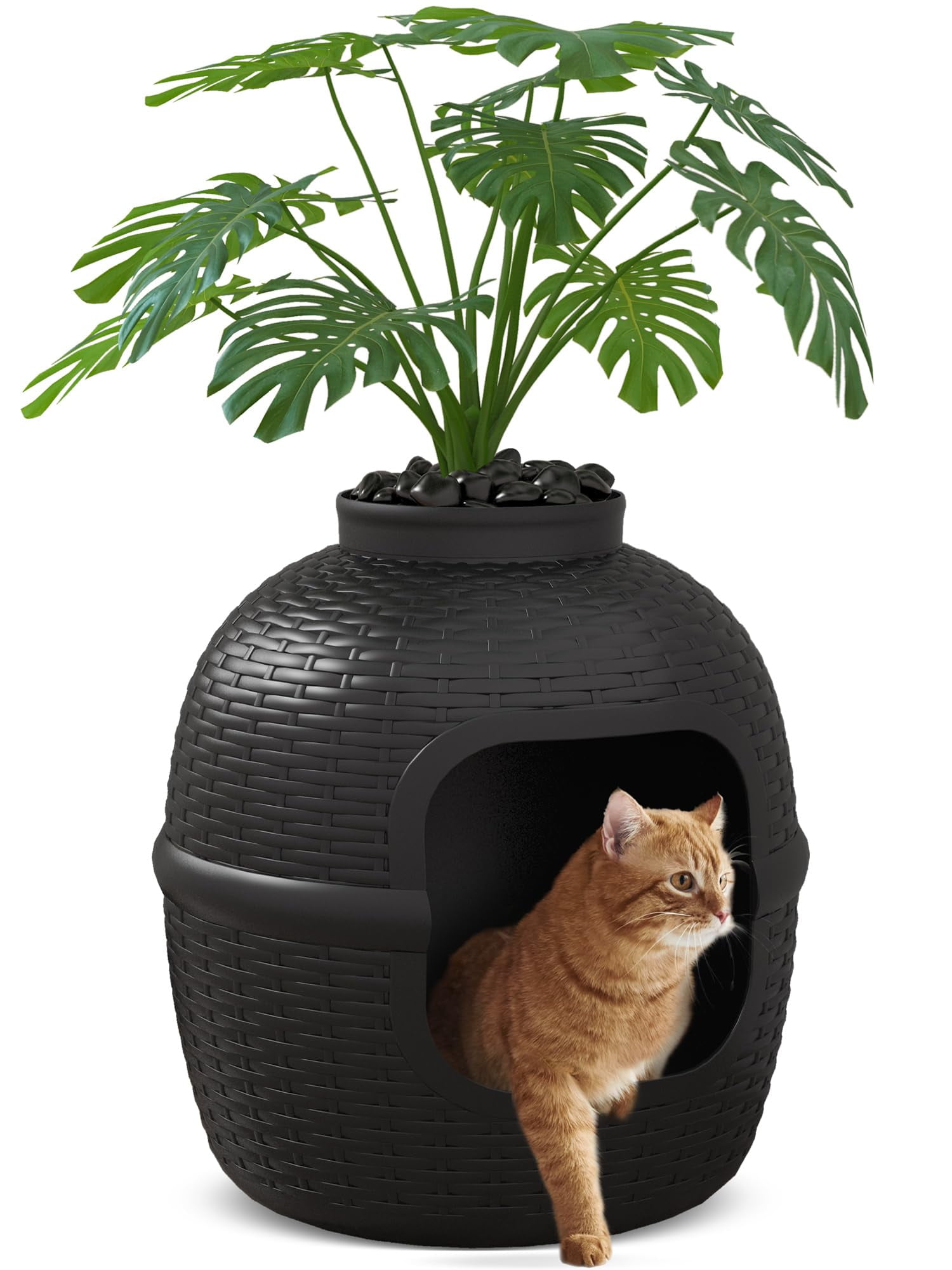 Cat Litter Box Enclosure with Faux Plant & Real Stones, Hidden Litter Box with Odor Control Carbon Filter, Home DIY Decor Furniture for Large Cat, Black