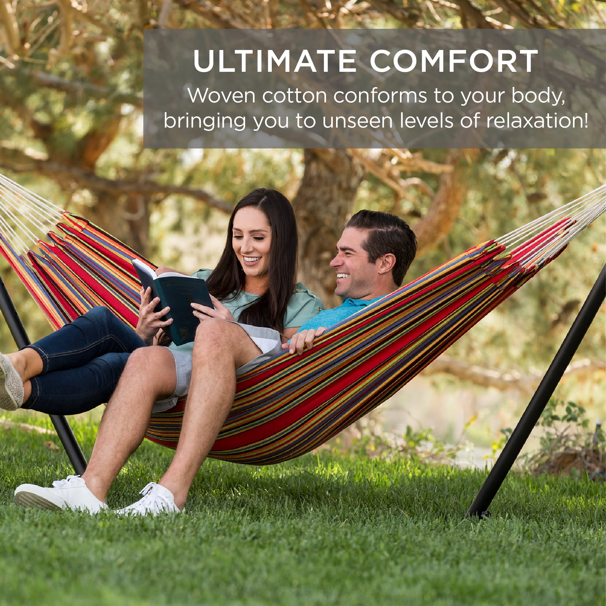 Best Choice Products 2-Person Brazilian-Style Cotton Double Hammock with Stand Set w/ Carrying Bag - Blue/Green Stripes