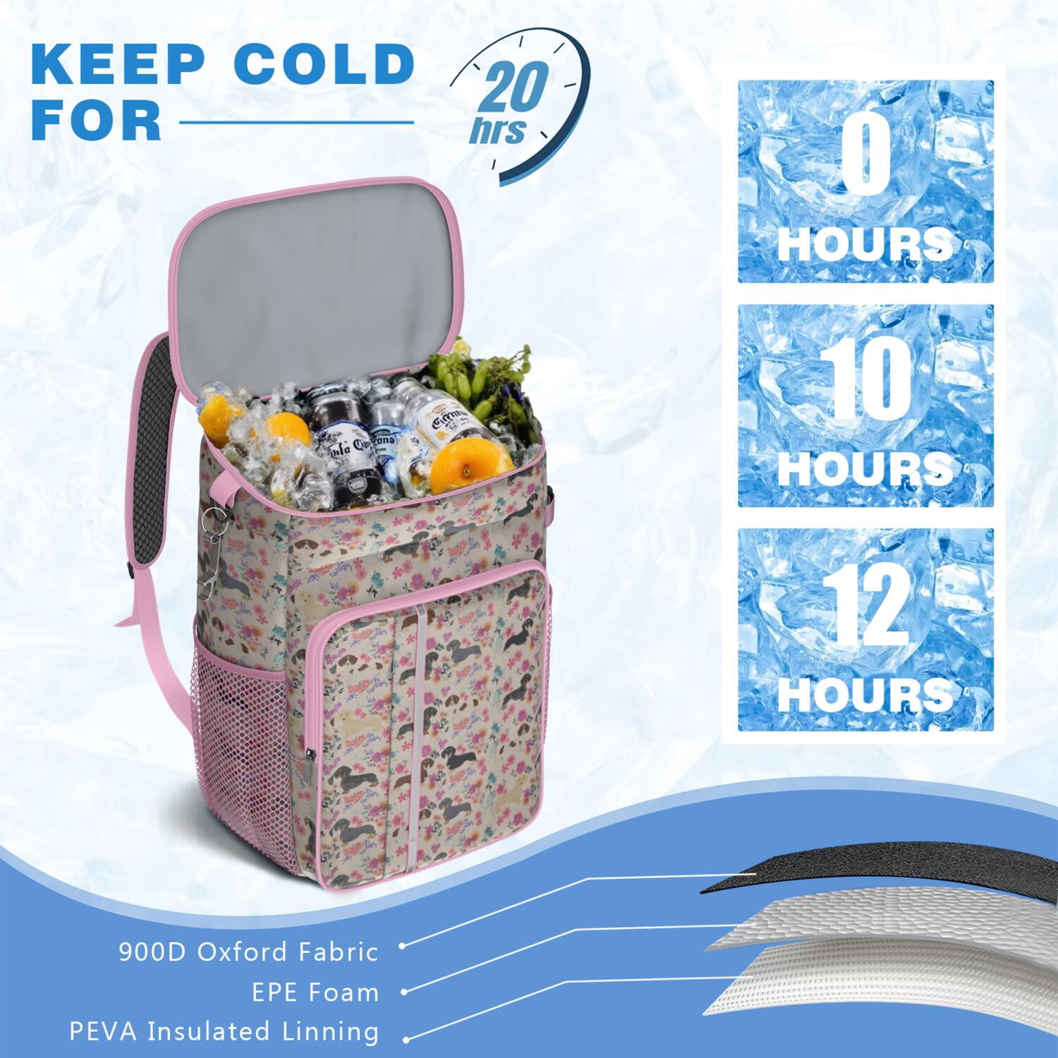 Travel Cooler Bag - Dachshund and Flower Camping Beer Cooler Backpack with Bottle Opener- Waterproof Insulated Picnic Backpacks - Cooler Bag for Beach