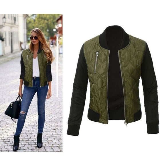 Womens' Classic Diamond Quilted Zip Up Flight Bomber Jacket Lightweight Long Sleeve Short Biker Jacket Coat
