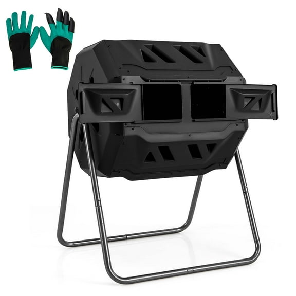 Costway 42-Gal Compost Bin Dual Chamber Composting Tumbler with 2 Sliding Doors Metal Frame Black