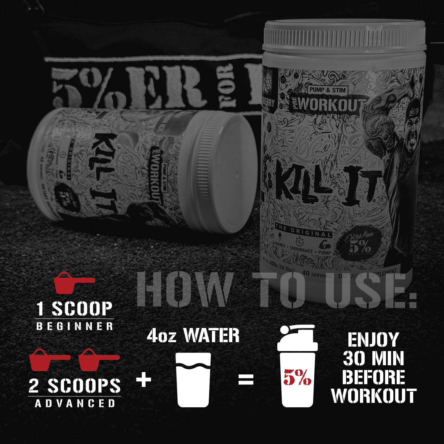 5% Nutrition Rich Piana Kill It Pre-Workout Powder Supplement with Creatine & Caffeine for Pump, 40 Servings (Blue Raspberry)
