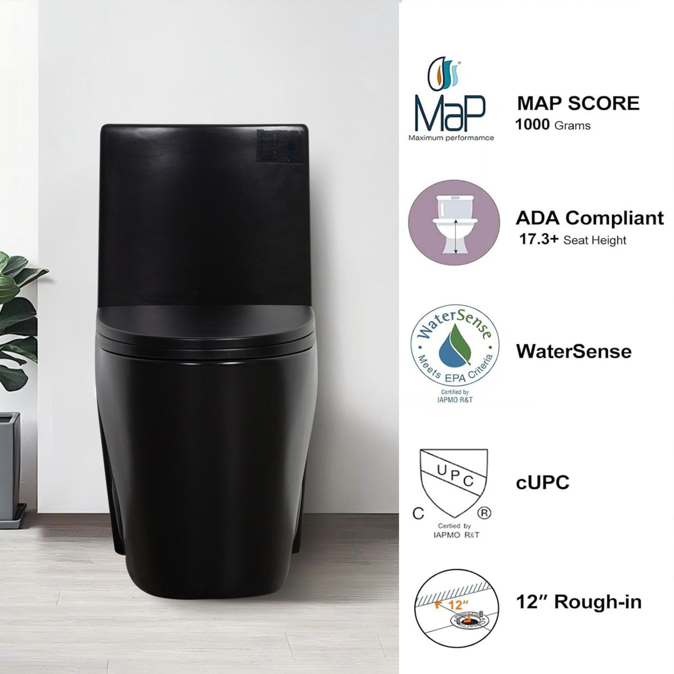 Noble House One-Piece Toilet, Elongated Comfort Bathroom Toilet with Soft-Closing Seat, Dual-Flush Siphon Jet, Black