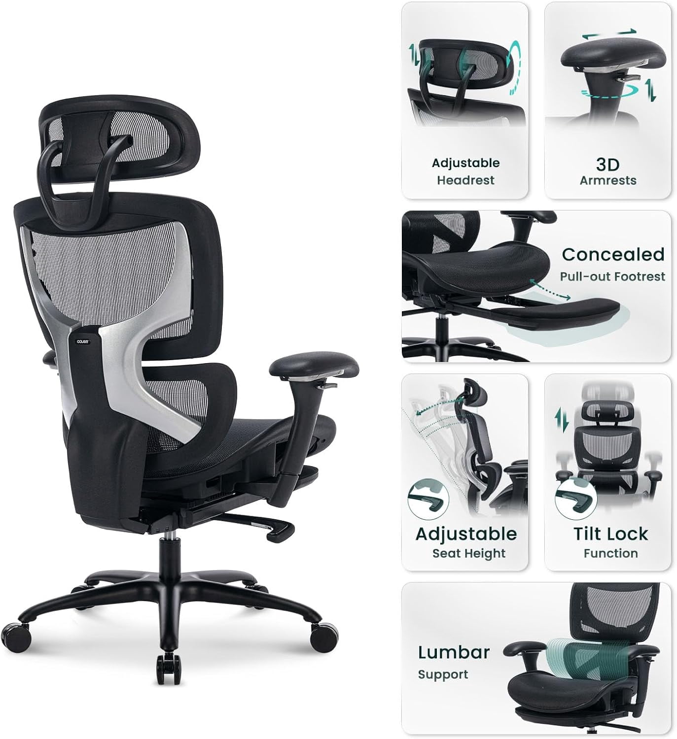 COLAMY Ergonomic Mesh Office Chair with Footrest & 3D Adjustable Armrests, Black