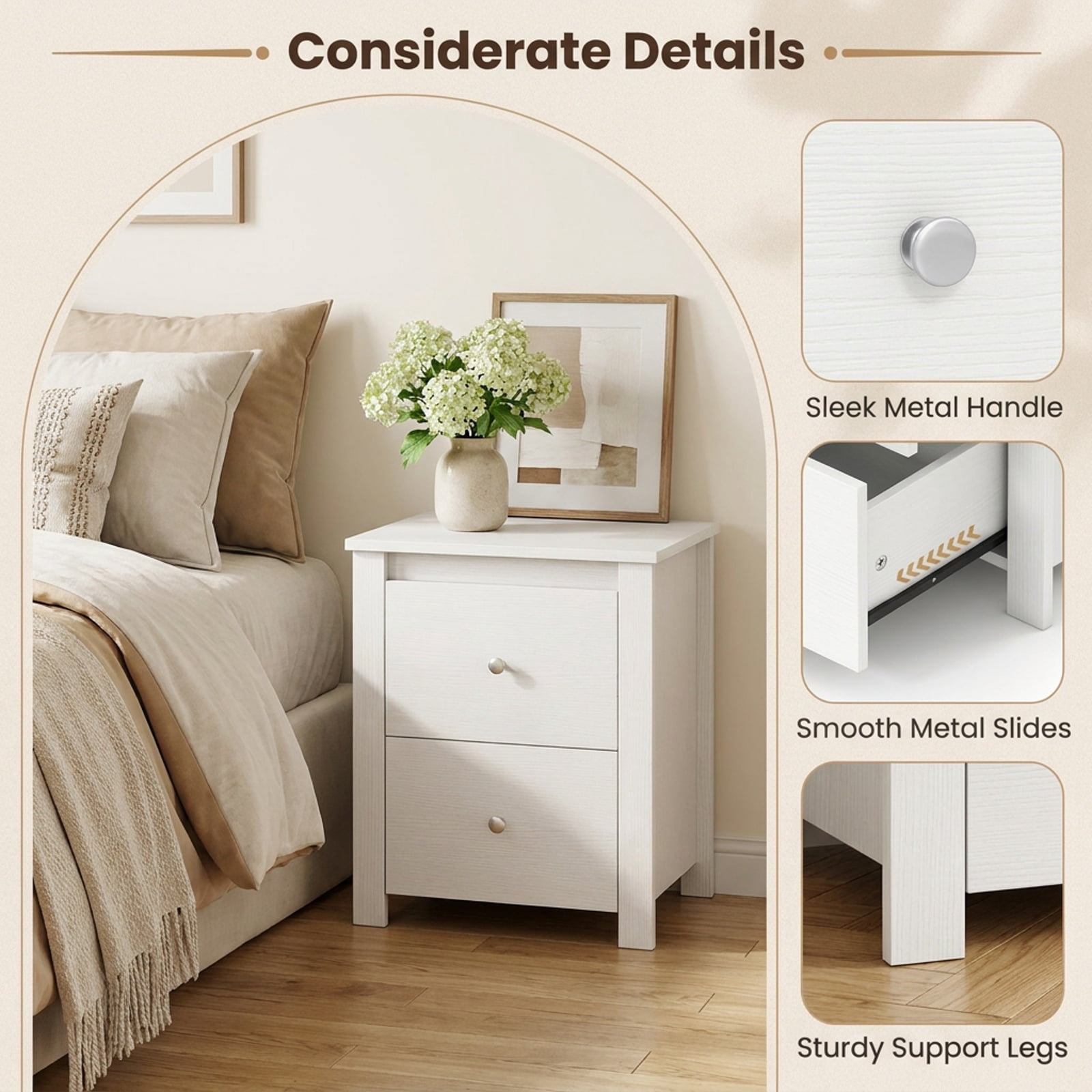Furnibear Nightstand with 2 Drawers & Storage for Bedroom Living Room Small Spaces for Bedroom Living Room Bedside Sofa Side Small Space, White