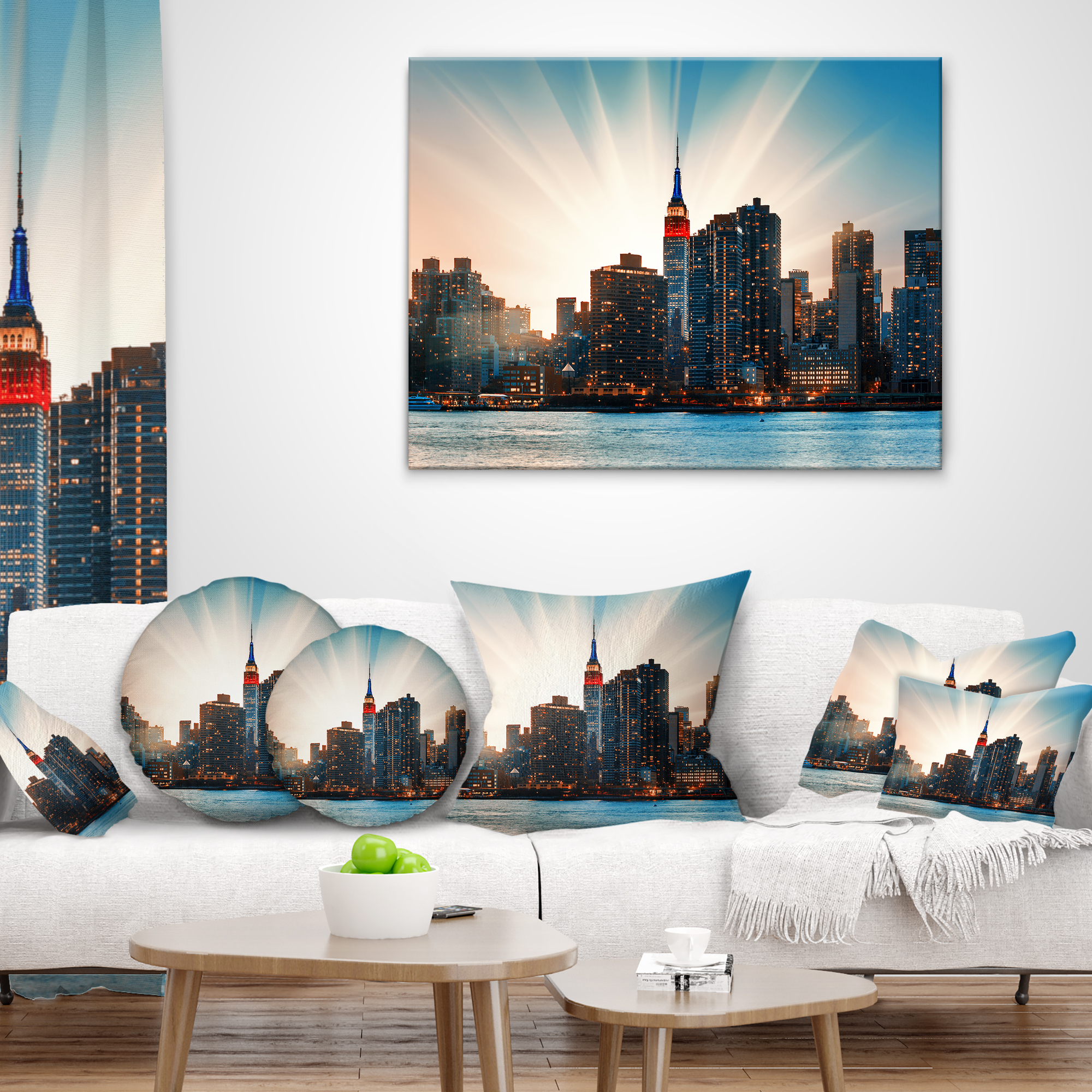 Designart Manhattan Skyline at Bright Sunset - Throw Pillow - 16x16