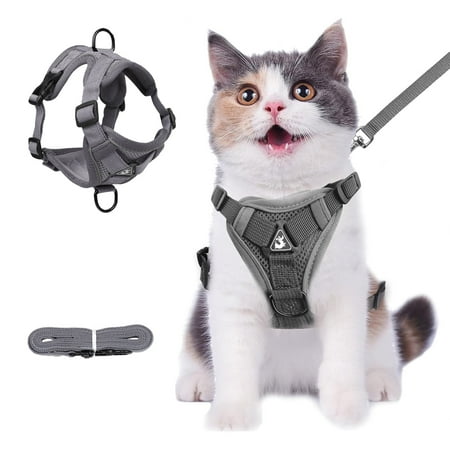 BN-LINK Cat Harness and Leash Set for Walking, Escape Proof Soft Adjustable Vest Harnesses with Reflective Strips for Cat and Puppy, Gray, M