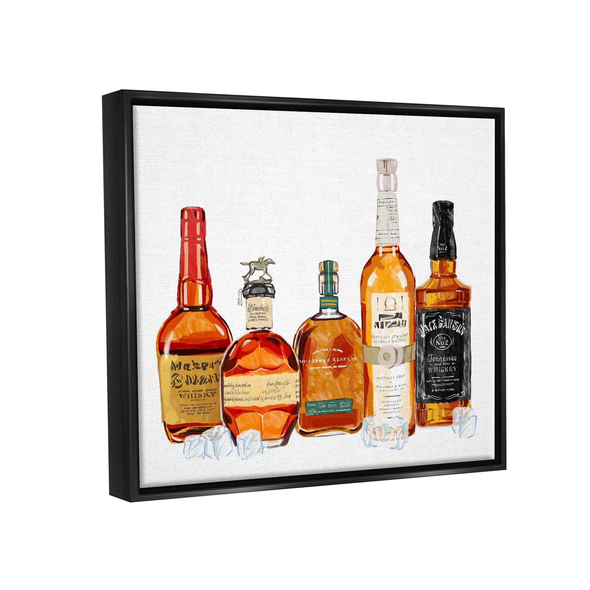 Stupell Industries Whiskey Bottles & Ice Cubes Food & Beverage Painting Black Floater Framed Art Print Wall Art, 31 x 25