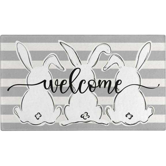 Easter Door Mat,Spring Gray Stripes Bunny Indoor Outdoor Non-Slip Doormat,Entryway Front Porch Easter Rabbit Welcome Door Mat Colorful for Entrance Decor 30" x 17"(Welcome Peeps)