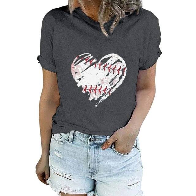 T-Shirt à Manches Courtes pour Femmes Liquidation T-Shirt en Chiffon pour Femmes T-Shirt de Baseball pour Femmes Amour Classique Col Rond Décontracté T-Shirt de Baseball à Manches Courtes