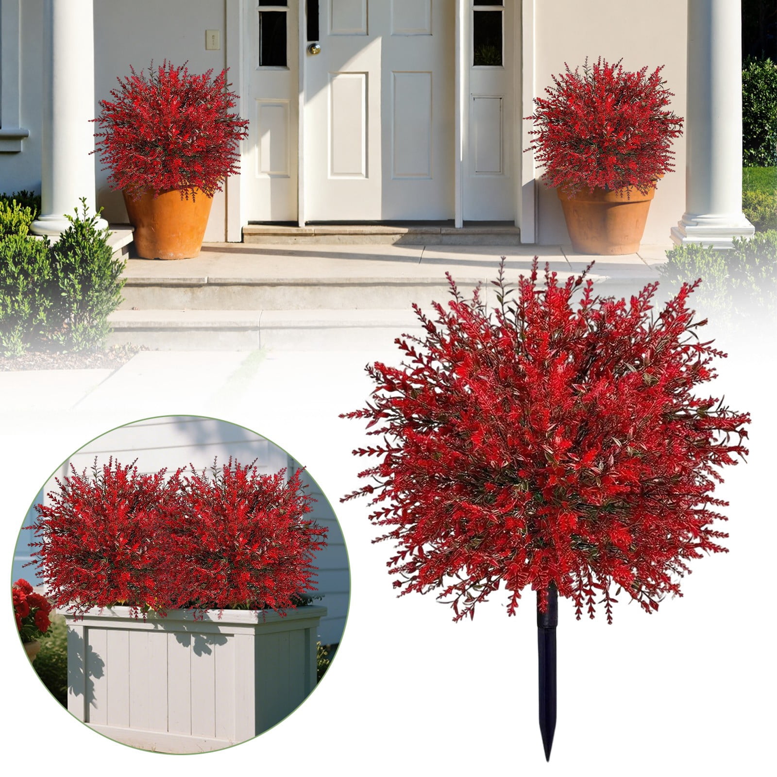 SMKE porch decor,ground insert,porch flower,decorative bush,floral decor,outdoor decoration,2-Pack 21.65" Artificial Flower Bushes,Red & White,with Ground Stakes for Outdoor Garden