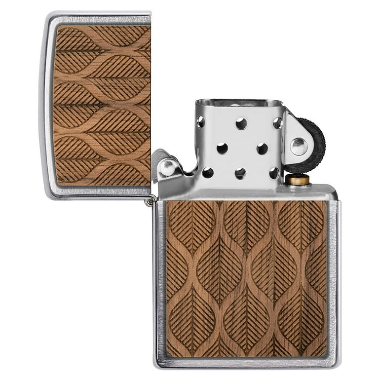 Zippo Woodchuck USA Walnut Leaves Brushed Chrome Pocket Lighter