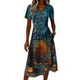 thumbnail image 4 of Womens Short Sleeve V-Neck Halloween Wrap Dress Flowy Midi Halloween Print Casual Sundress Daily Outings Halloween Night Wedding Guest Wear, 4 of 5