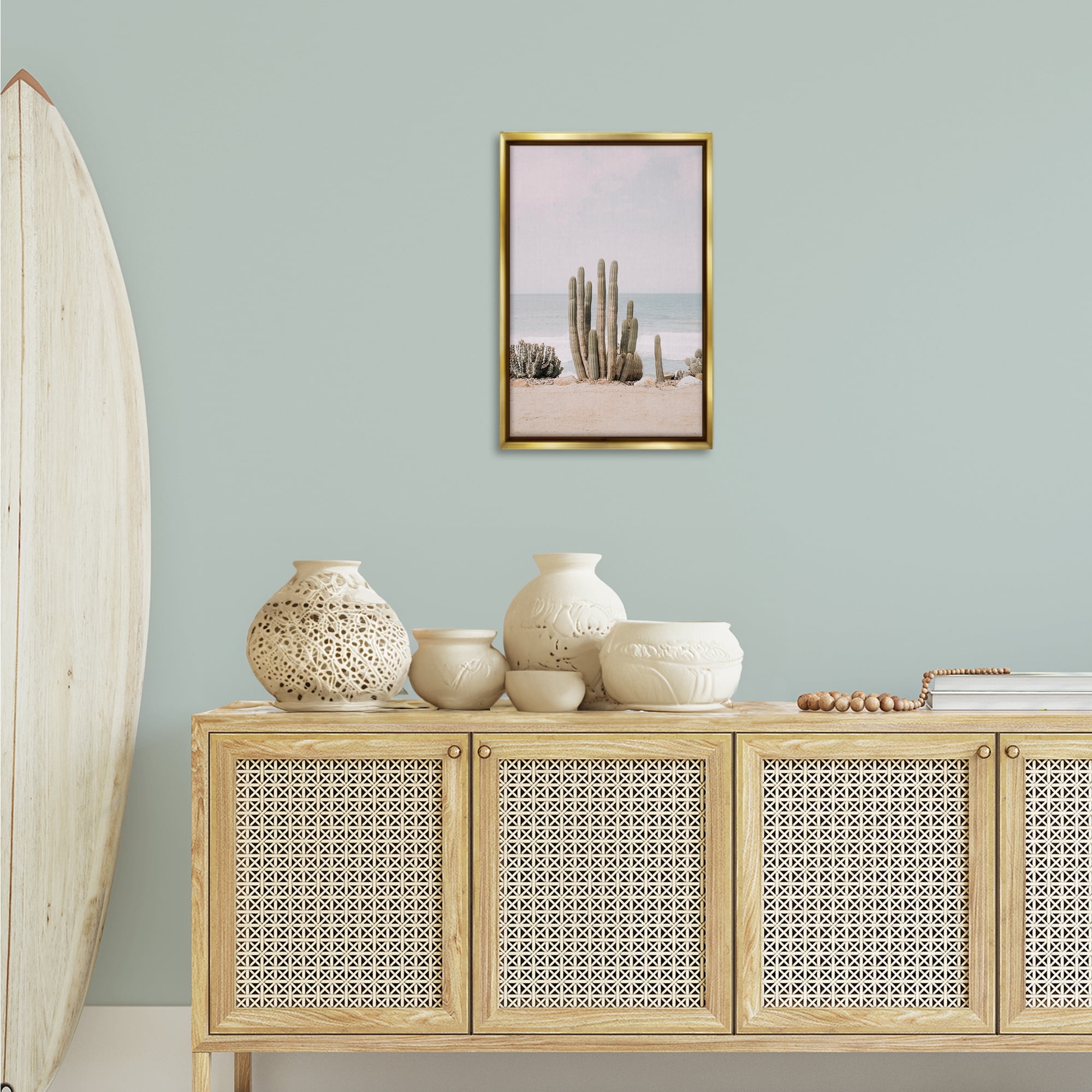 Stupell Industries Cactus on Beach Shore Landscape & Nature Photography Gold Floater Framed Canvas Art Print Wall Art, 17 x 25