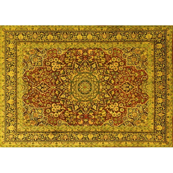 Ahgly Company Indoor Rectangle Medallion Yellow Traditional Area Rugs, 2' x 5'