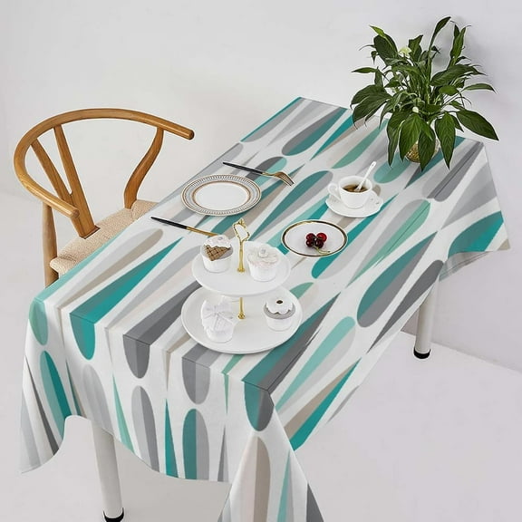 Modern Abstract Tablecloth, Retro Mid Century Green Geometric Drop Shapes Table Cloth for Home Restaurant Kitchen Picnic Party Decor, Rectangle(60x102in)