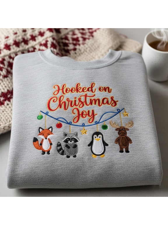 Hooked on Christmas Joy Embroidered Sweatshirt, Funny Animal Holiday Crewneck, Winter Moose Fox Raccoon Penguin Sweater