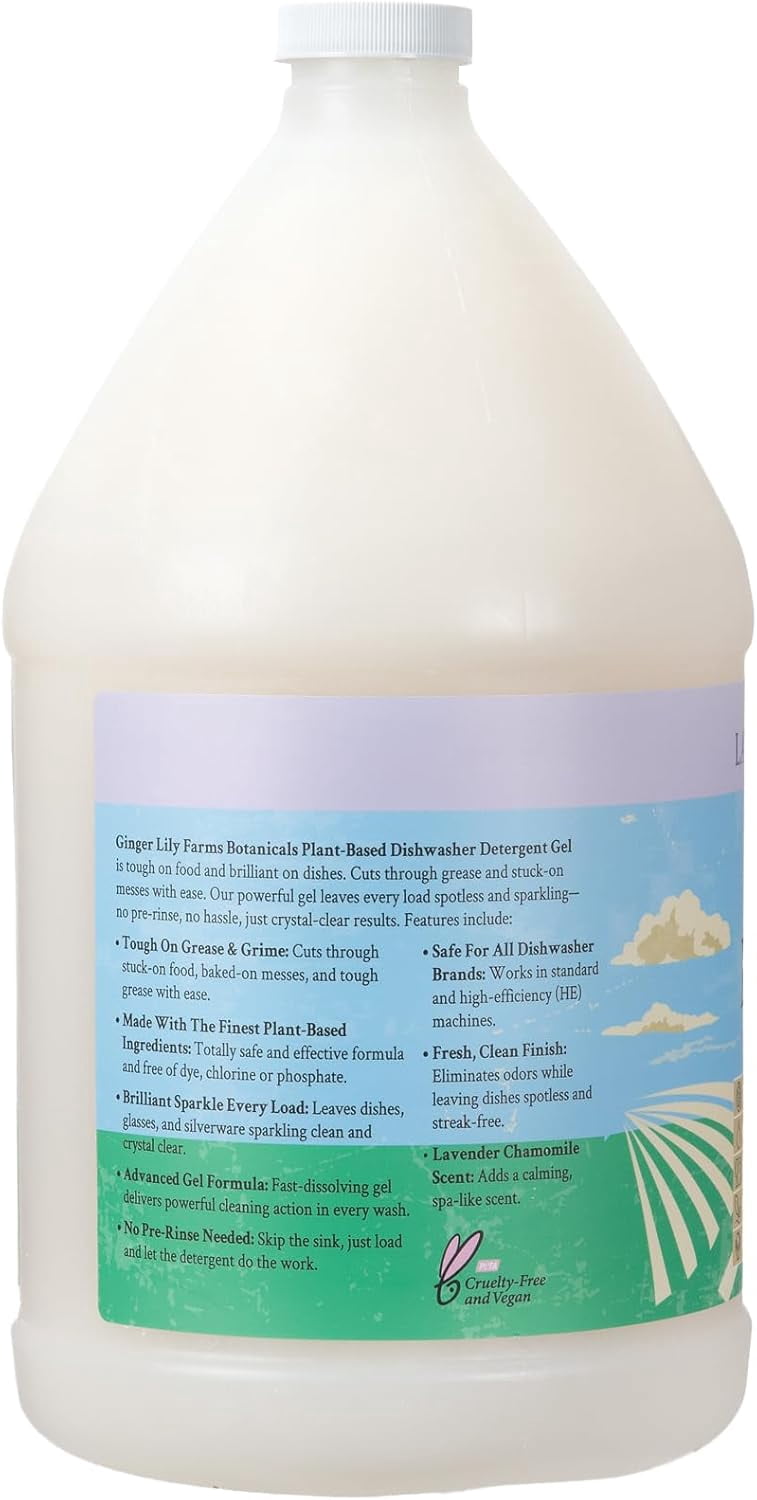Ginger Lily Farms Botanicals Plant-Based Dishwasher Detergent Gel, 100% Vegan & Cruelty-Free, Lavender Chamomile Scent, 1 Gallon (128 Fl Oz) Refill
