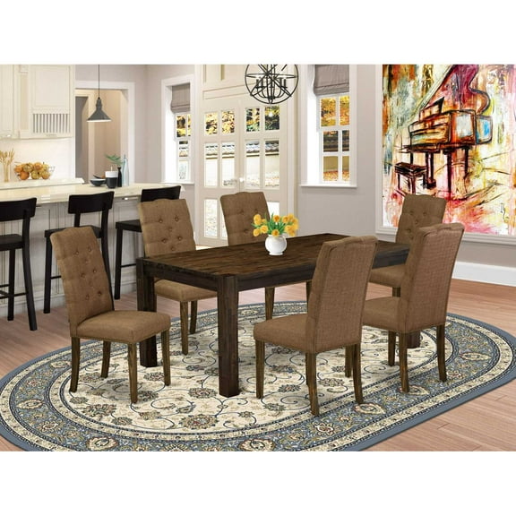 East West Furniture LMEL7-77-18 7-Pc Modern Dining Set- 6 Upholstered Dining Chairs with Brown Beige Linen Fabric Seat and Button Tufted Chair Back - Rectangular Table Top & Wooden 4 Legs -...
