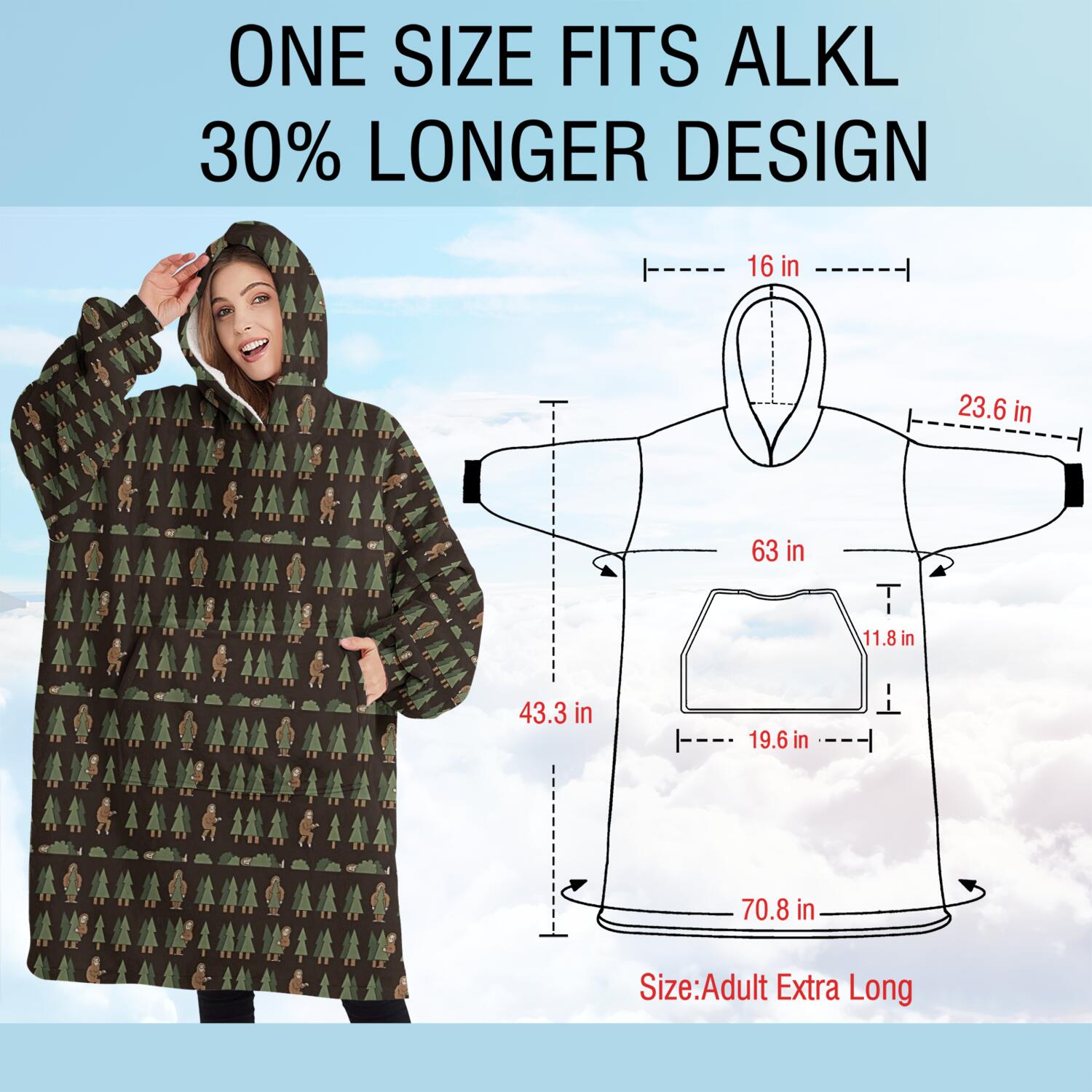 Oversized Wearable Blanket Hoodie,Dark Brown Bigfoot and Tree Pattern Sherpa Blanket Hoodie with Super Pockets,Super Warm Fuzzy Pullover for Women & Men