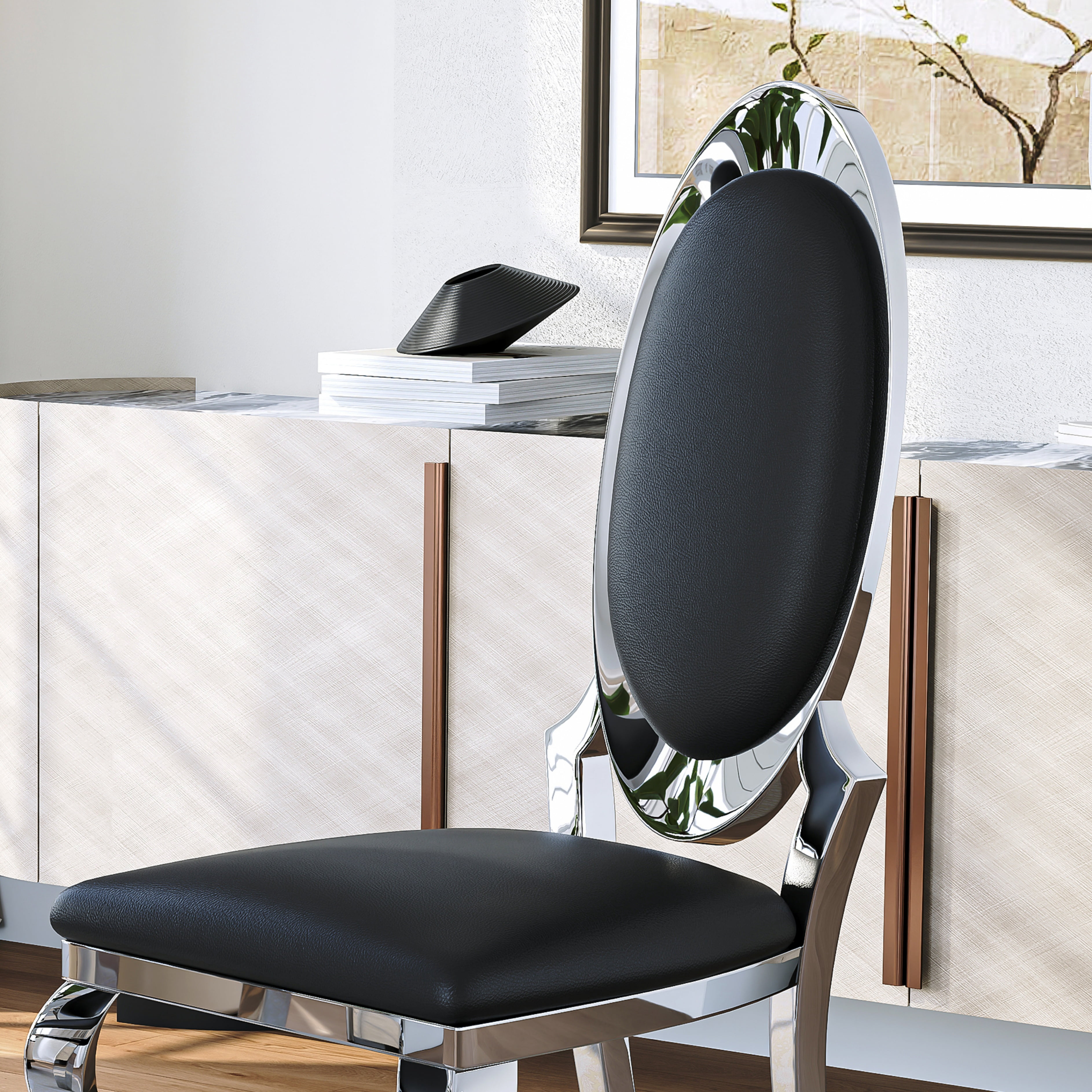 Luxury Dining Chairs Set of 2, Oval Back PU Upholstered Chairs with Stainless Steel Cabriole Legs, Dining Chairs for Kitchen, Living Room, Office