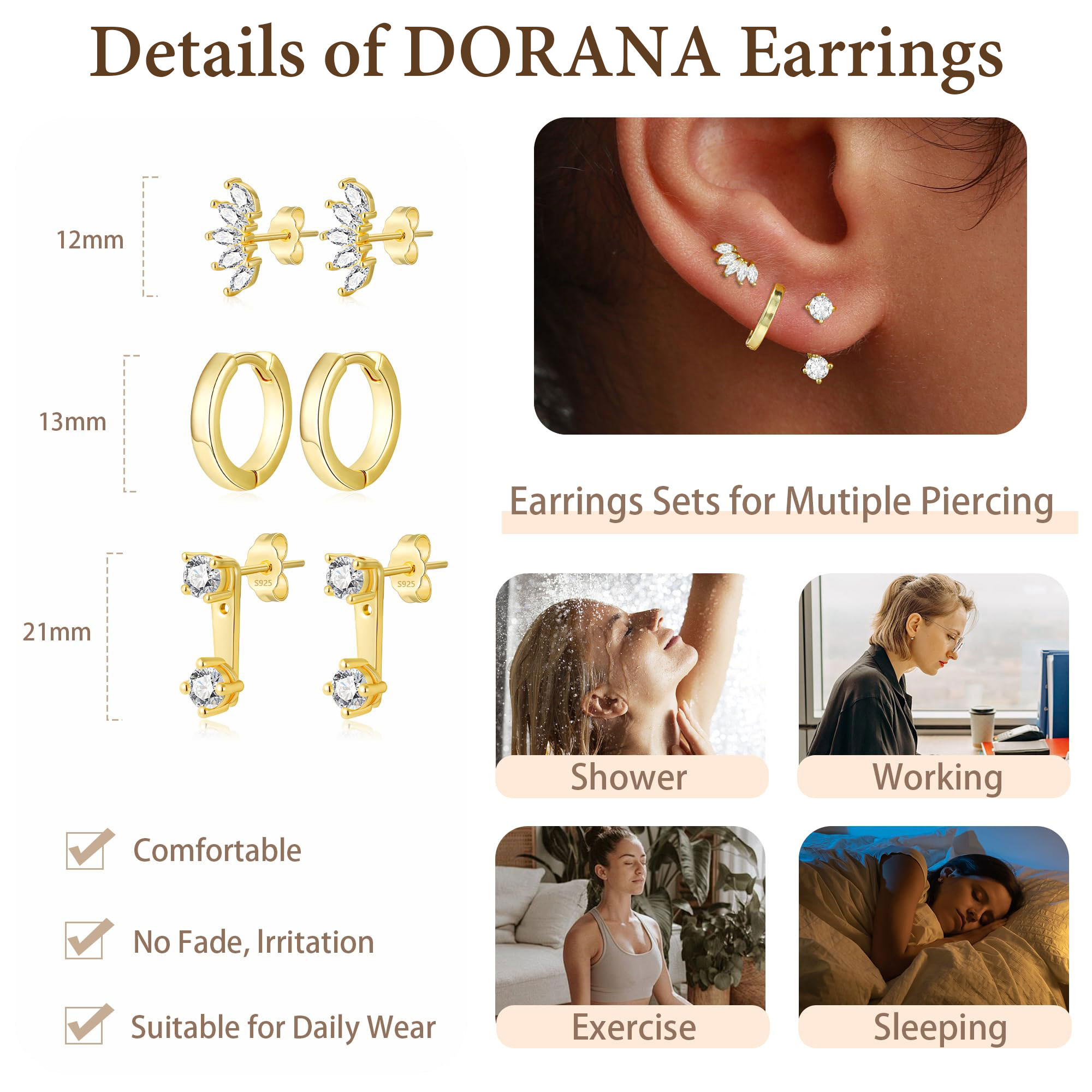 Dorana 18K Gold Plated CZ Hoop and Stud Earrings Set, 3 Pairs photo 5