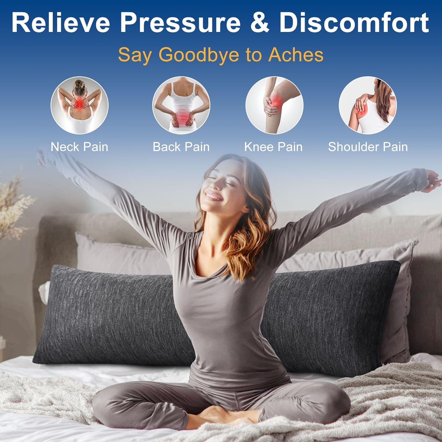 XWZO Cooling Body Pillow for Side Back and Stomach Sleepers - Shredded Memory Foam Bed Pillow with Removable & Adjustable Filling, Set of 1, 20 x 54 Inches, Grey
