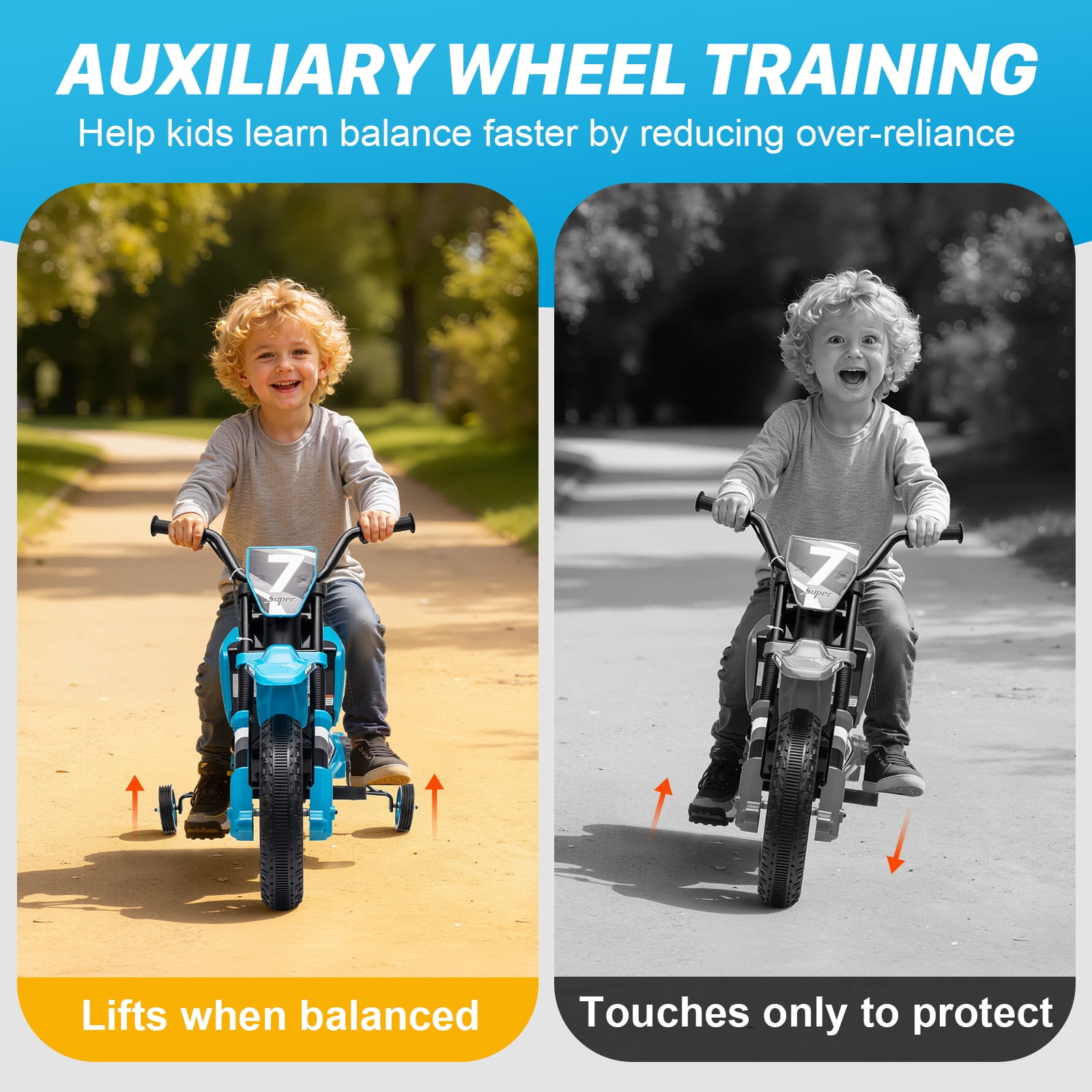 Mukidy 12V Electric Motorcycle for Kids Dirt Bike Ride on Toy Battery Powered Motorbike w/ Training Wheels, Age 3-8 Year Old, Blue