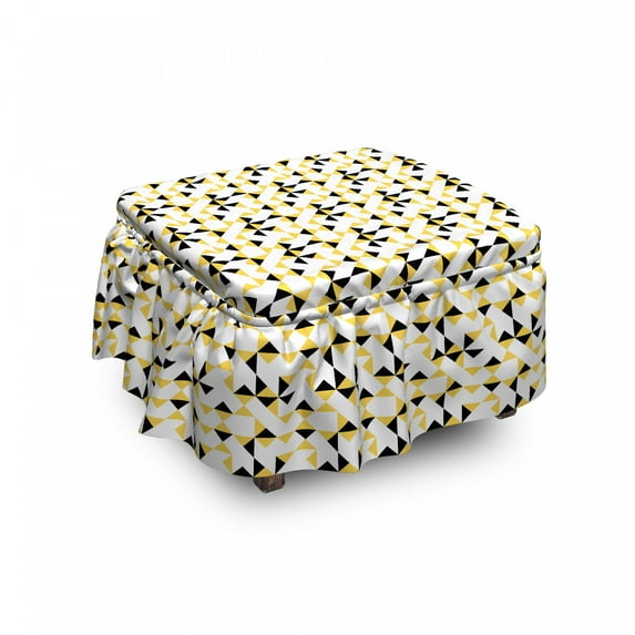Geometric Ottoman Cover, Modern Triangles Pattern, 2 Piece Slipcover Set with Ruffle Skirt for Square Round Cube Footstool Decorative Home Accent, Standard Size, Mustard White, by Ambesonne