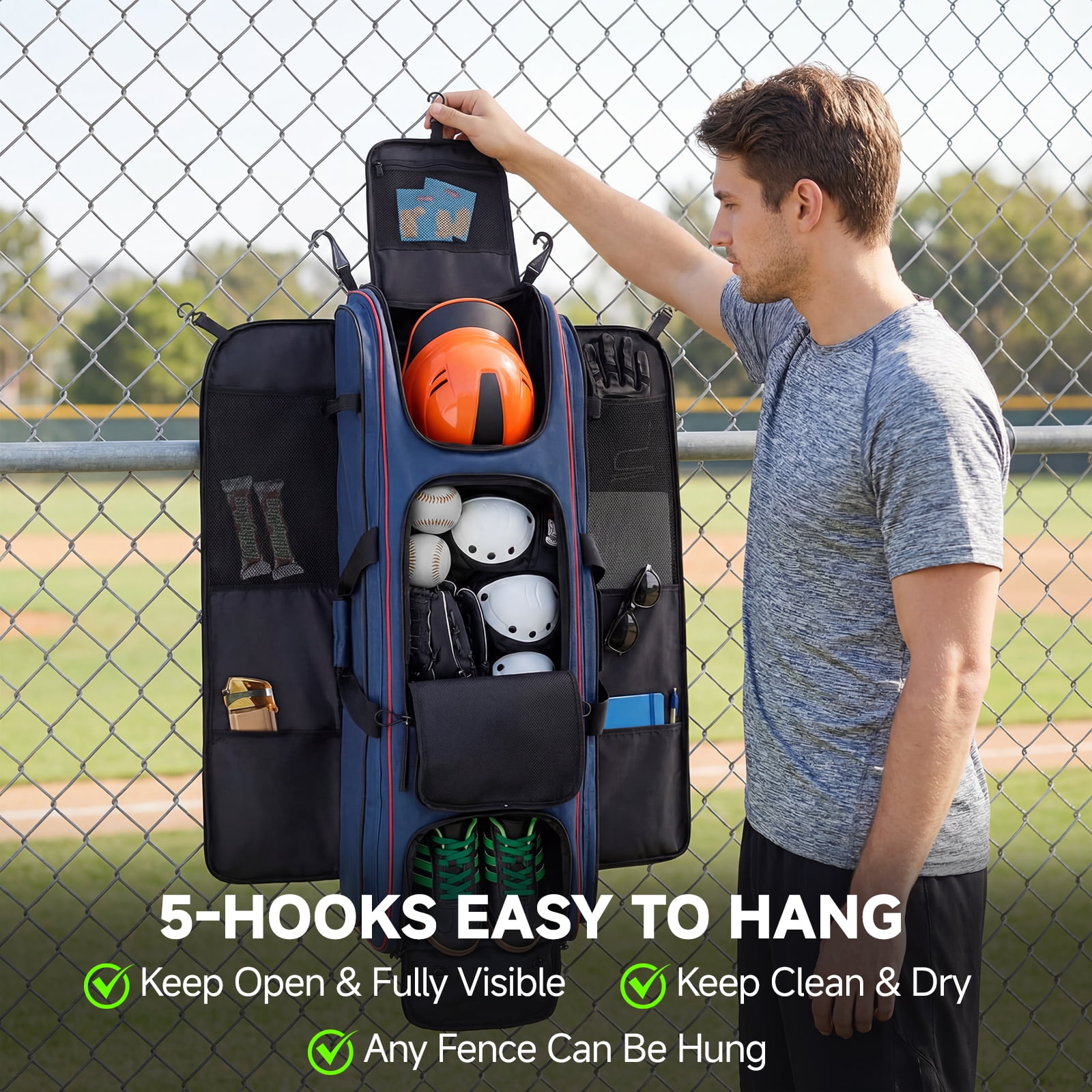 Fegat Rolling Baseball Bag with Wheels,90L Large Softball Bag Catchers Gear Bags for 8 Bats,Equipment Bag with 5 Fence Hooks,Reflective Strip,Shoe Compartment,Holds All Softball Baseball Equipment