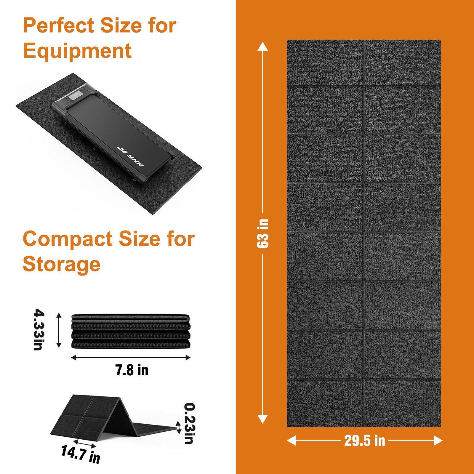 YHR Foldable Treadmill Mat Non-Slip Exercise Bike Mat, 1/4" Thick, 30"x63" Waterproof Walking Pad Mat for Carpet, Hardwood Floors, Workout, Indoor Bikes, Fitness Equipment, Home Yoga