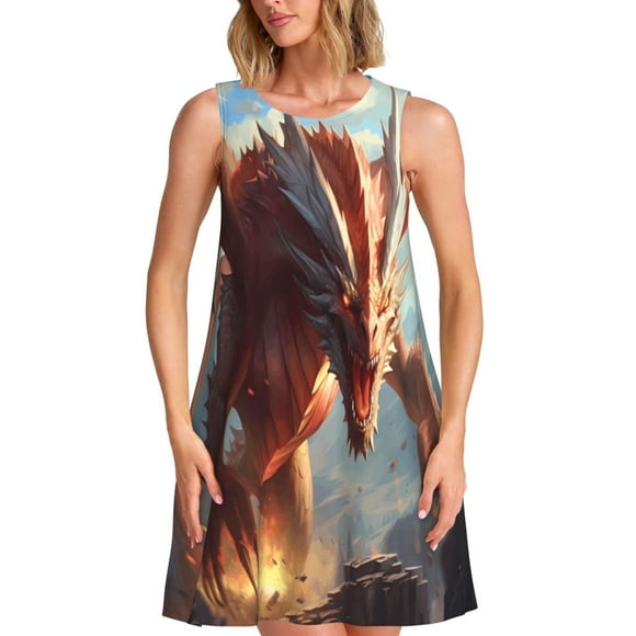 Vsdgher Ferocious Dragon Fury Print Summer Dresses for Women Casual U Neck Beach Dress Sleeveless Tank Loose Sundress with Pocket