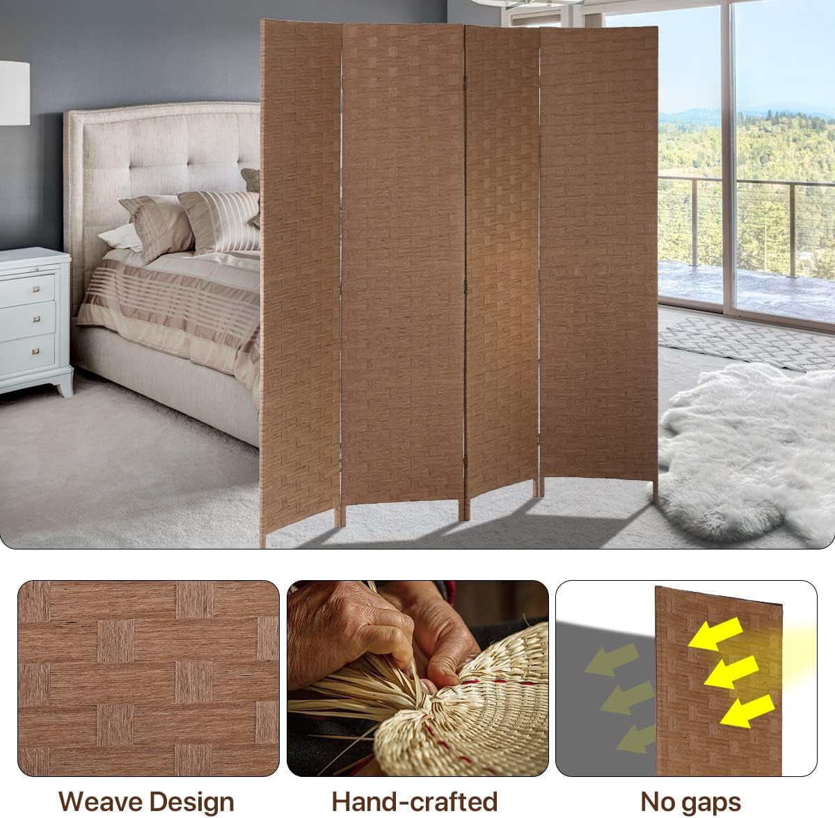 Dkelincs 4 Panel Room Dividers and Folding Privacy Screen Wooden Partition Wall Divider Portable Freestanding Privacy Wall, Natural