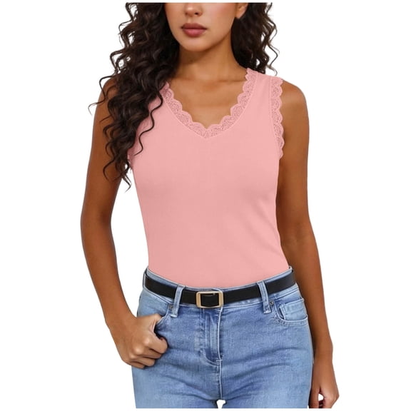 Admvng Womens Tank Top Lace Trim Ribbed V-Neck Sleeveless Casual Layering Camisole