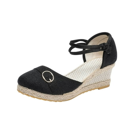 

LWVITH Clearance! Women s Wedges Shoes Ankle Strap Closed Toe Espadrille Wedge Heels Sandals Hessian Retro Casual Buckle Strap Platform Summer Shoes #02 Black 9