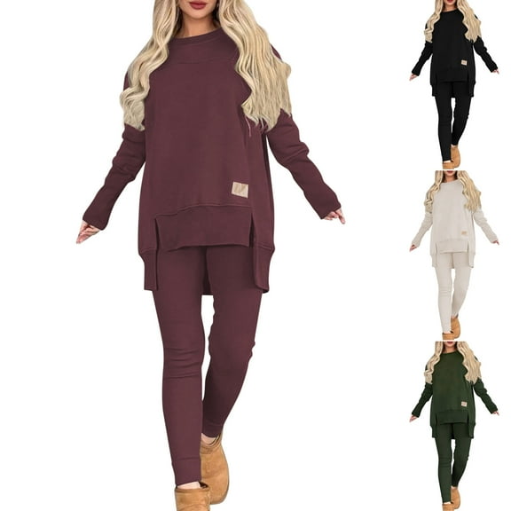 Miluxas Women 2 Piece Outfits Solid Color Casual Long Sleeve Irregular Hem Slit Top Pant Set Dressy Pantsuits White 10(XL)