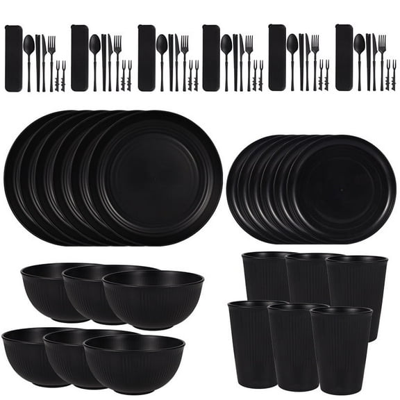 Zmleve Straw Cutlery Set, Unbreakable Plastic Plate and Bowl Set, Dishwasher and Microwave Safe, Black, Serves6