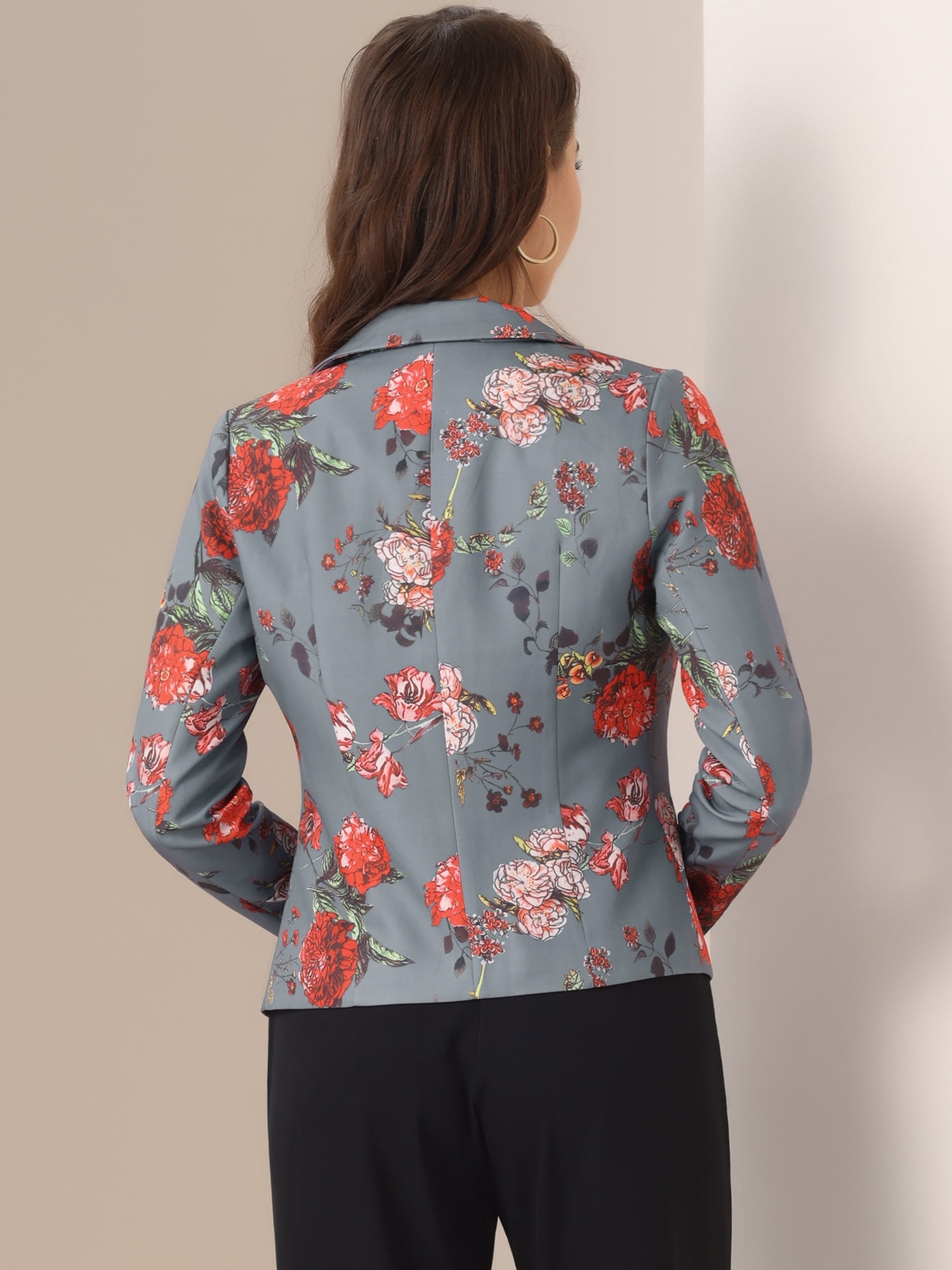 DARING DIVA Women's Elegant Notched Lapel Floral Print Blazer L Gray-Floral