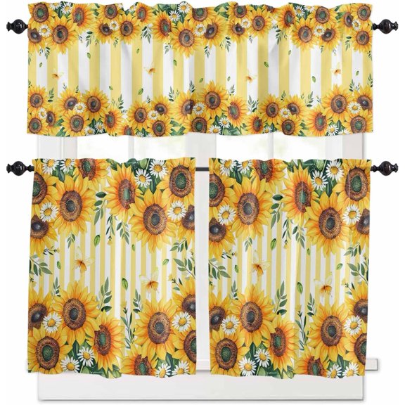 Yellow Sunflower Kitchen Curtains, Spring Floral Striped Farmhouse 3-Piece Kitchen Curtain Valance and Tiers Set 36 Inch Length, Rod Pocket Half Window Curtains for Cafe Living Room Bathroom