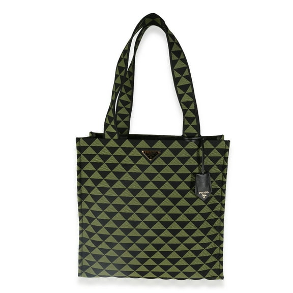 Pre-Owned Prada Black Green Jacquard Triangolo Symbole Shopping Tote