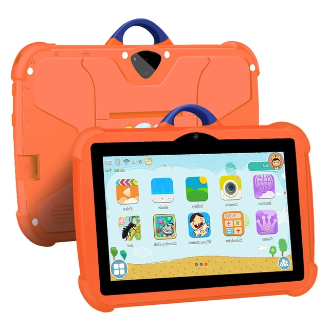 Tableta BDF 7" Kids Tablet 4GB+64GB Android 13 WiFi Bluetooth naranja, vista frontal y posterior que muestra pantalla táctil capacitiva TFT 7" 1024x600 con interfaz infantil, marco protector con asa, cámaras duales (frontal 2MP, trasera 5MP), puerto para auriculares y ranura microSD, batería 4000 mAh; a menudo usada como dispositivo educativo portátil para apps de aprendizaje.