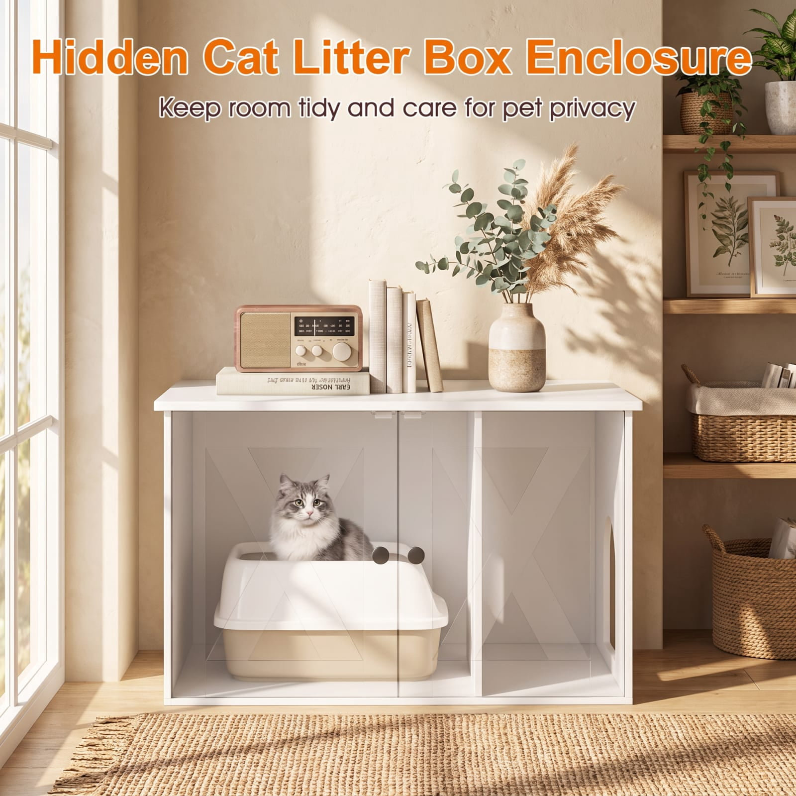 Vebreda Hidden Cat Litter Box Enclosure with Divider and Double Doors, Cat Litter Box Furniture with Storage Top, 31.5 Inch, White
