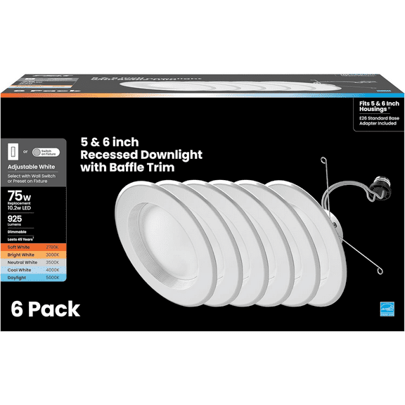 LED Downlight Retrofit Kit with Baffle Trim, 75W Equivalent, 5/6-Inch Dimmable Recessed Can Light, Adjustable White 2700K-5000K, 90  CRI, 50,000-Hour Lifetime, LEDR56B/6WYCA/MP/6