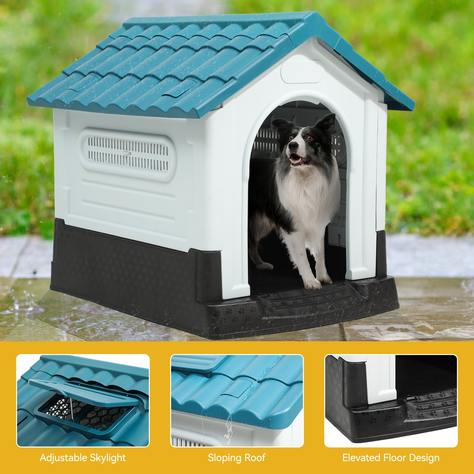 Dextrus Plastic Dog House Outdoor Indoor Durable Plastic Dog House - (33.1"D x 27.6"W x 30"H) Spacious and Weatherproof Pet Shelter, Blue