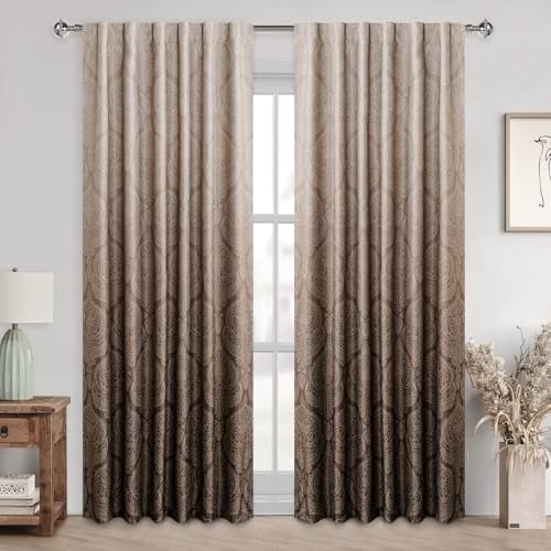 Hiasan Brown Blackout Curtains 84 inches Length - Ombre Damask Patterned Back Tab/Rod Pocket Window Drapes with Tiebacks Thermal Insulted Curtains for Bedroom/Living Room, 2 Panels, W52 x L84